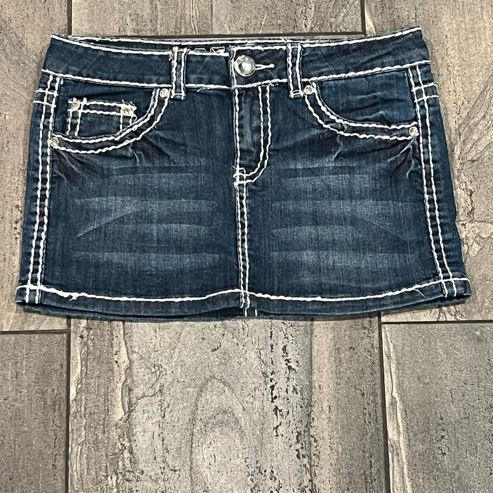 Rhinestone Denim Mini Skirt with White Stitching